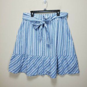 J by J Crew skirt 12 blue white stripe tie front waist Ruffle Hem Lined Back Zip